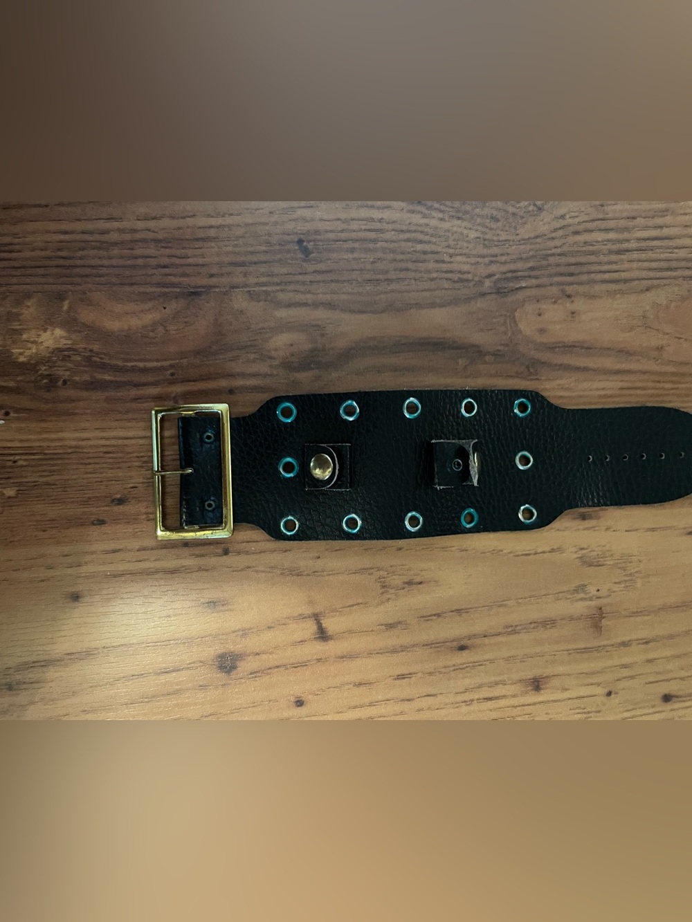 Black Leather Like Goth Vintage Inspired Grommet Bracelet with Gold Buckle